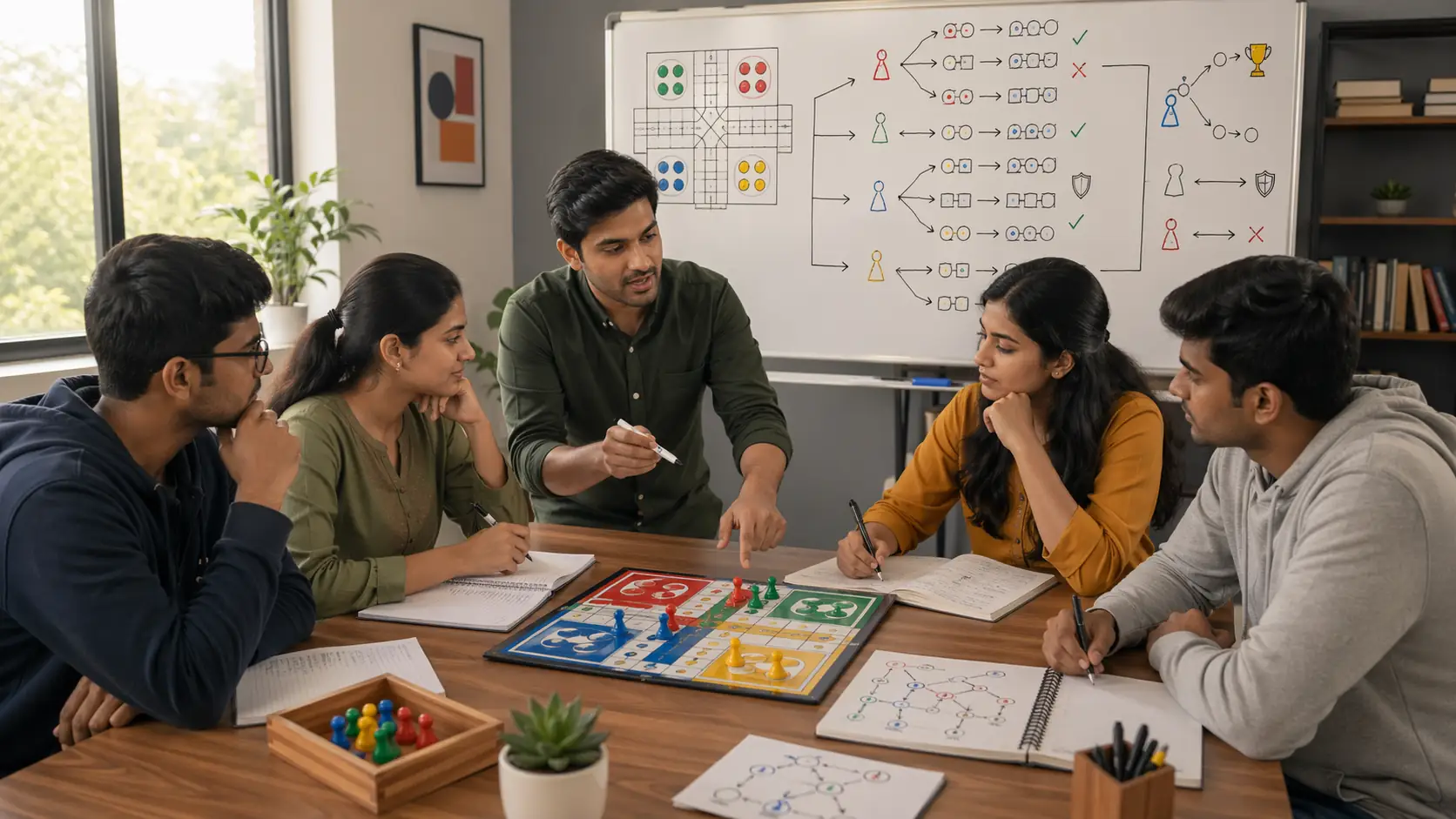 Ludo decision analysis scene with tokens, notebook, and focused planning desk