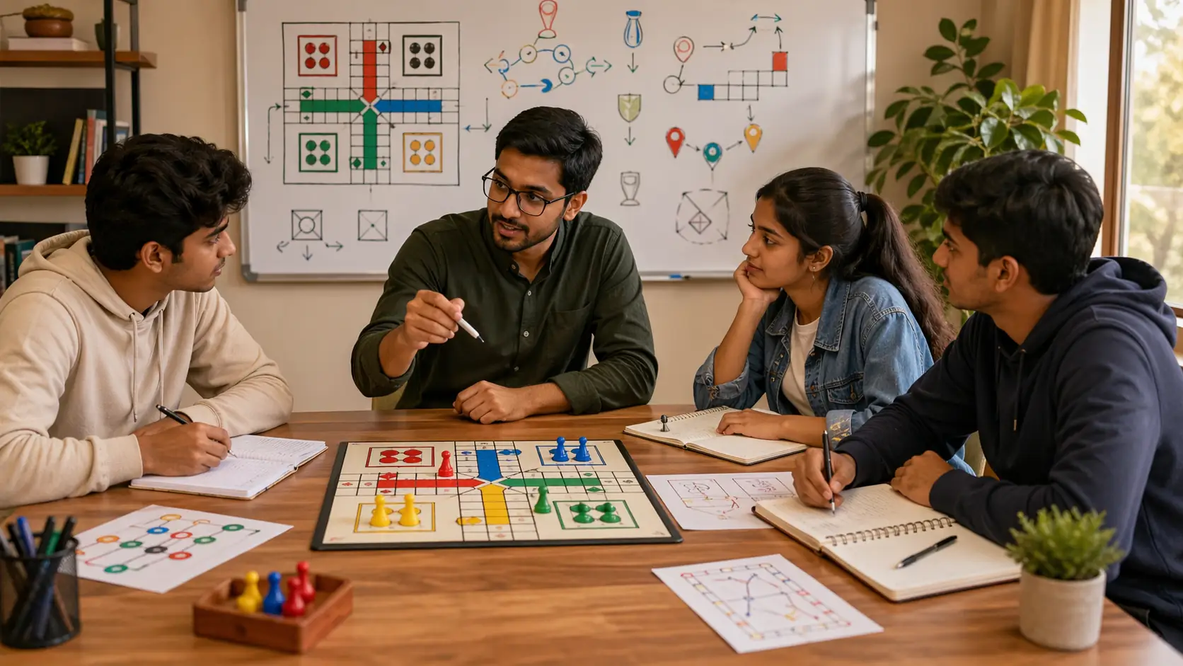 Ludo fundamentals study setup with board notes and calm learning space