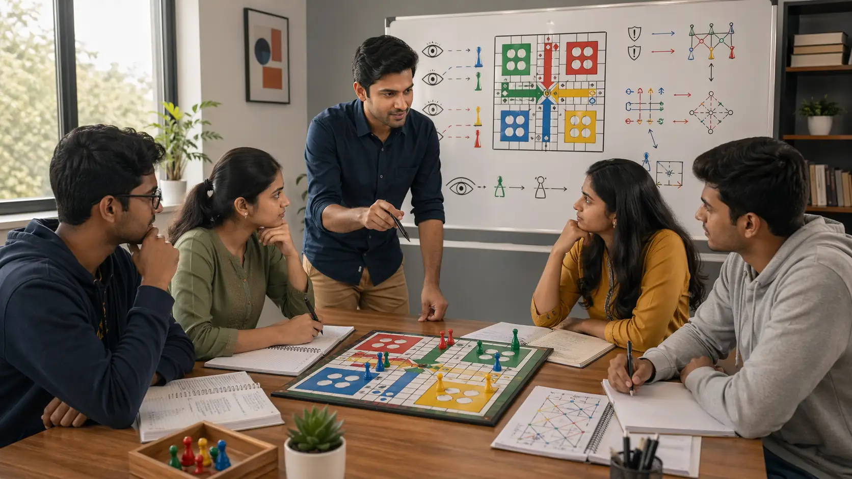 Ludo board awareness study scene with route notes and thoughtful observation setup
