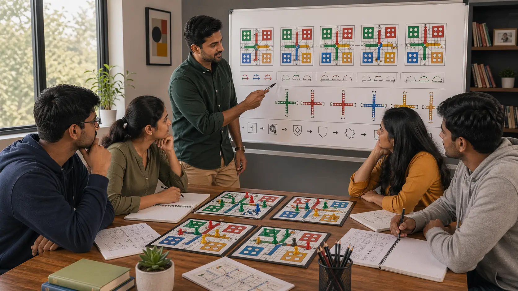 Ludo pattern recognition insert showing similar board setups being compared on desk and whiteboard