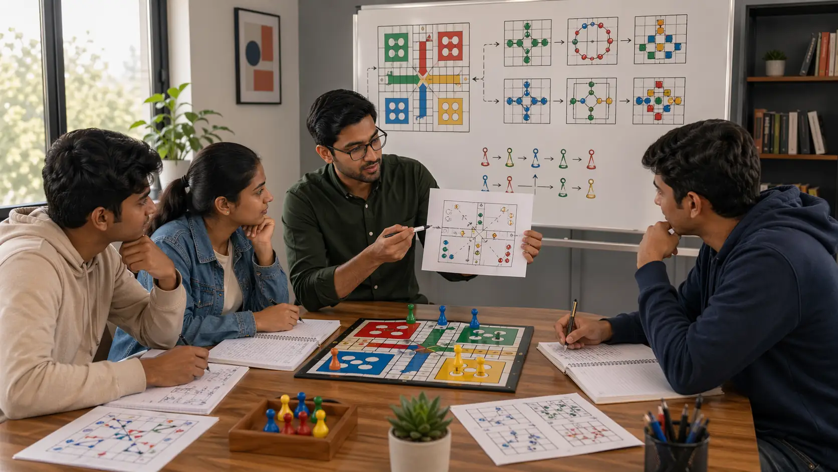 Ludo pattern study workspace with route sketches and practical examples