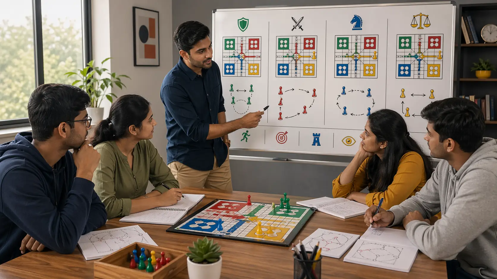 Ludo play styles learning scene with board comparison notes and coaching setup