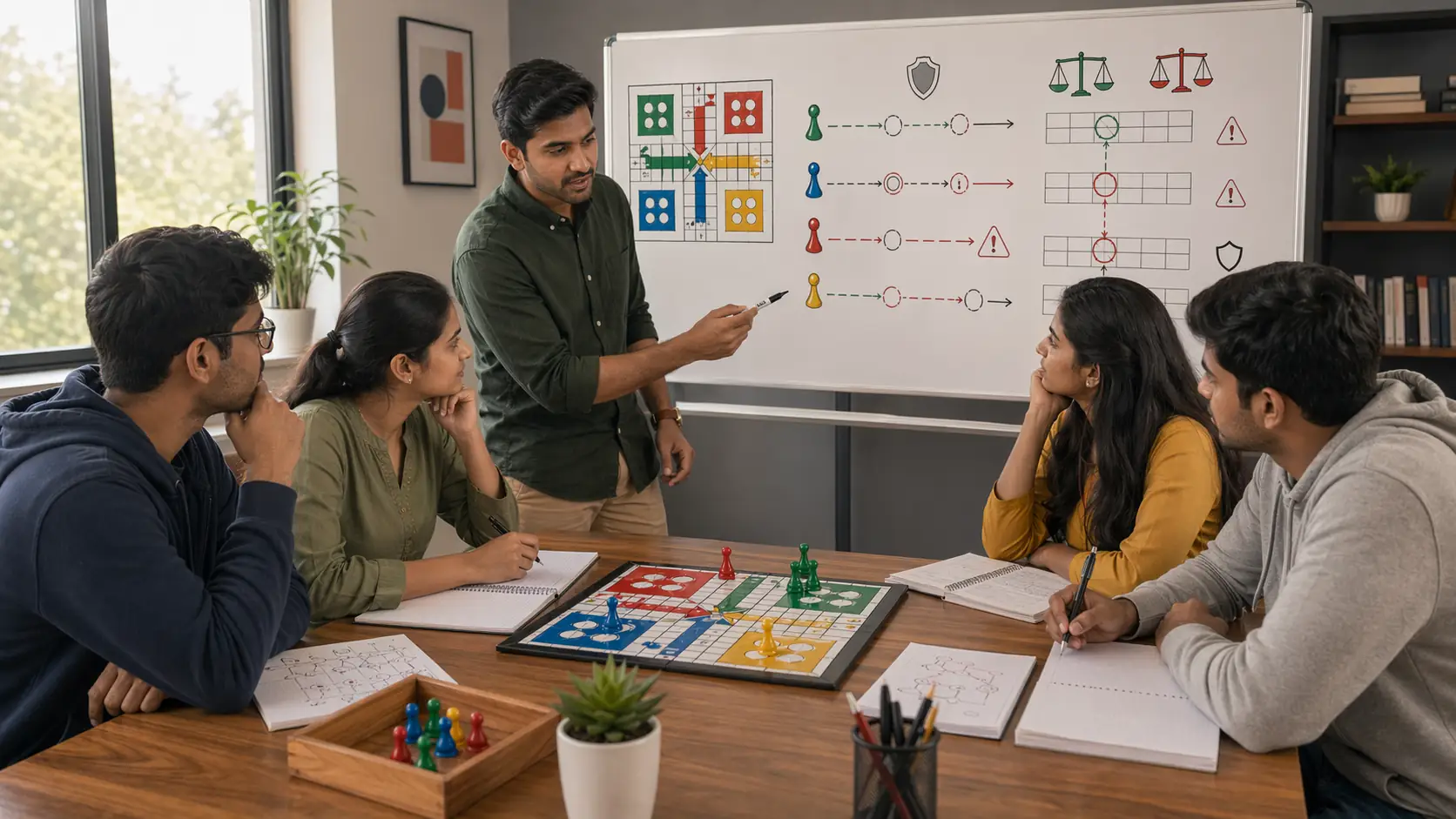 Ludo risk balance study desk with board diagrams and careful comparison notes