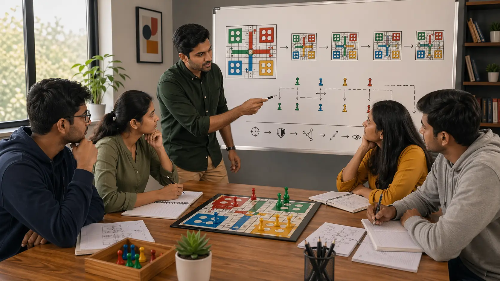 Ludo strategic planning scene with board map, notebook, and calm study desk