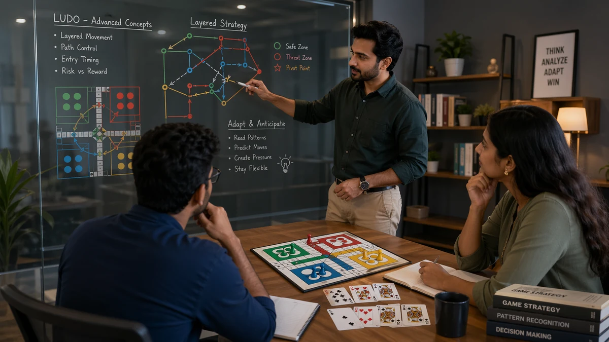 Ludo and Teen Patti advanced concepts illustration with diagrams and calm study materials