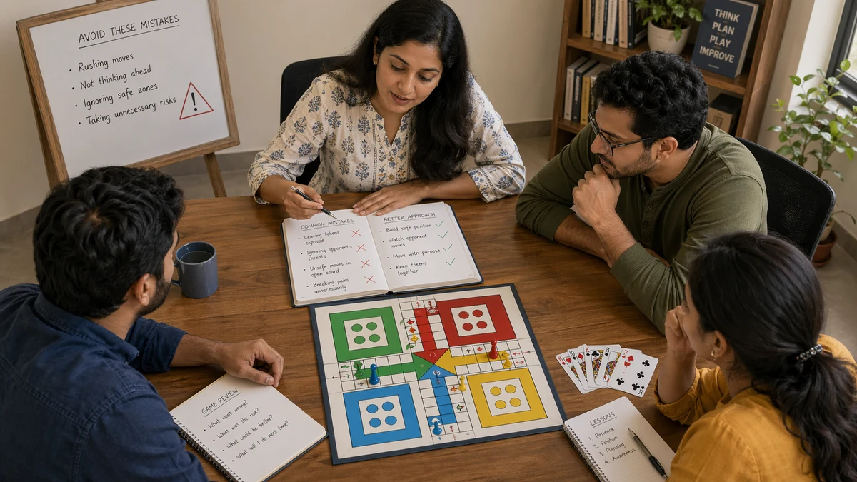 Ludo and Teen Patti common mistakes illustration with notes and a teaching setup