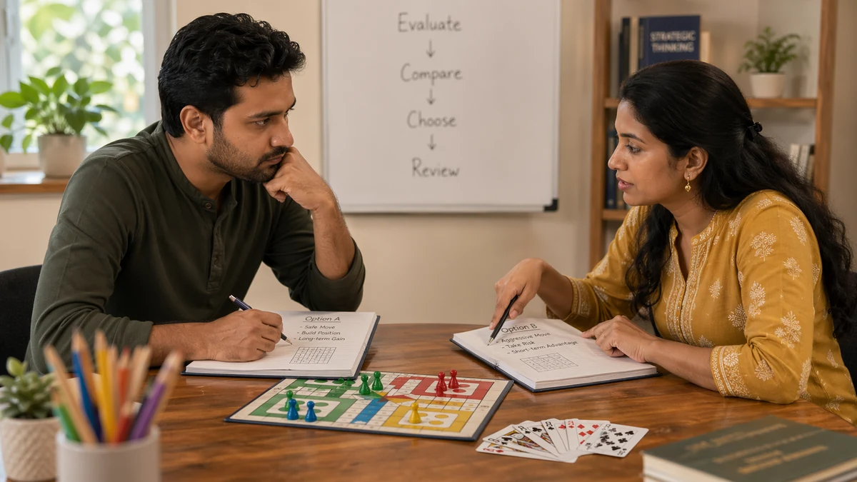Ludo and Teen Patti decision making illustration with notes, tokens, and cards in a study setting