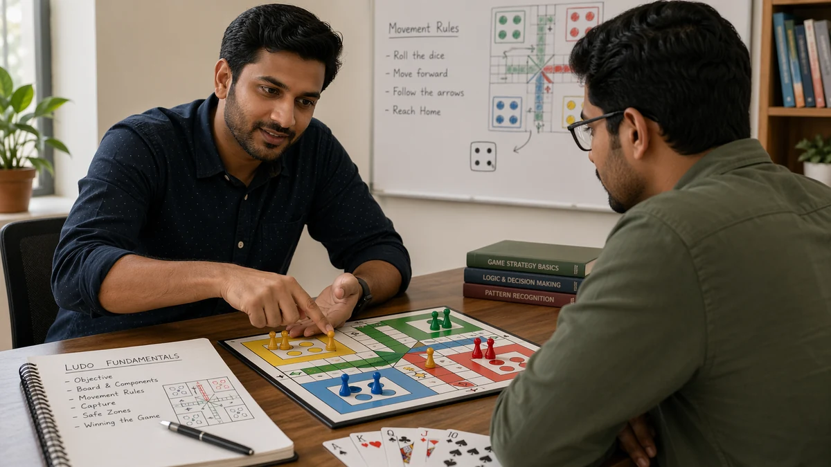 Ludo and Teen Patti fundamentals illustration in a calm educational workspace