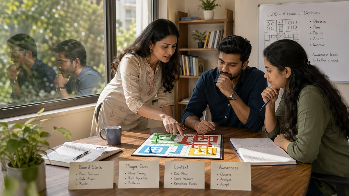 Ludo and Teen Patti game awareness illustration with observation notes and strategy diagrams