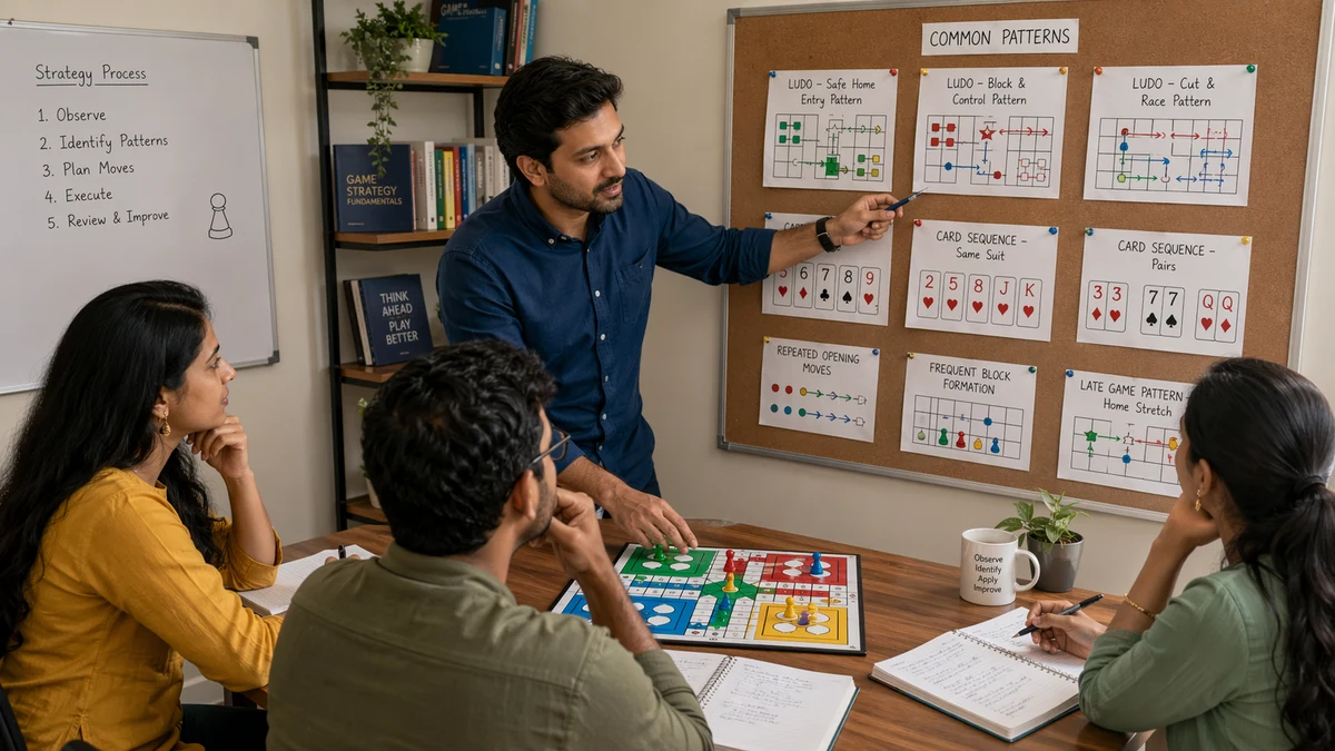 Ludo and Teen Patti pattern recognition illustration with repeatable gameplay patterns and notes