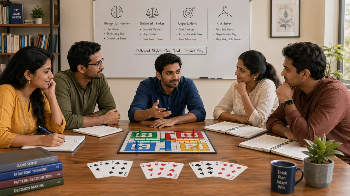 Ludo and Teen Patti play styles illustration in a calm instructional environment