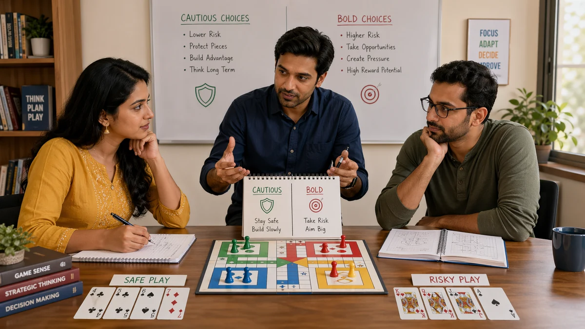 Ludo and Teen Patti risk balance illustration with measured choices and analysis notes