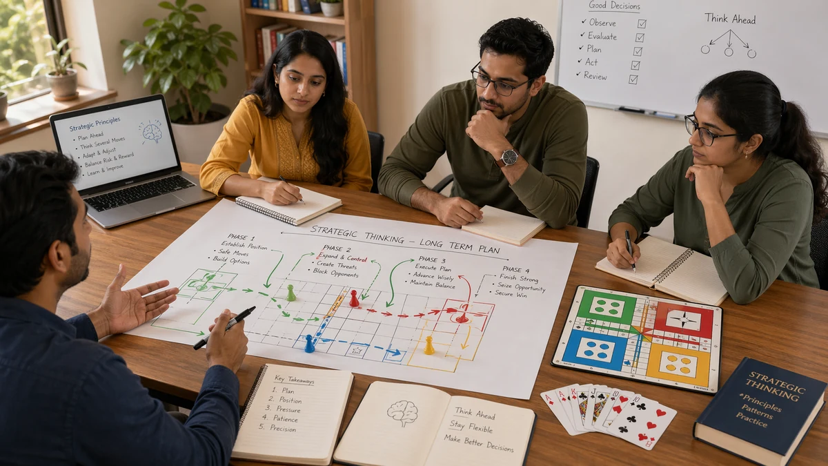 Ludo and Teen Patti strategic thinking illustration with planning notes and calm analysis
