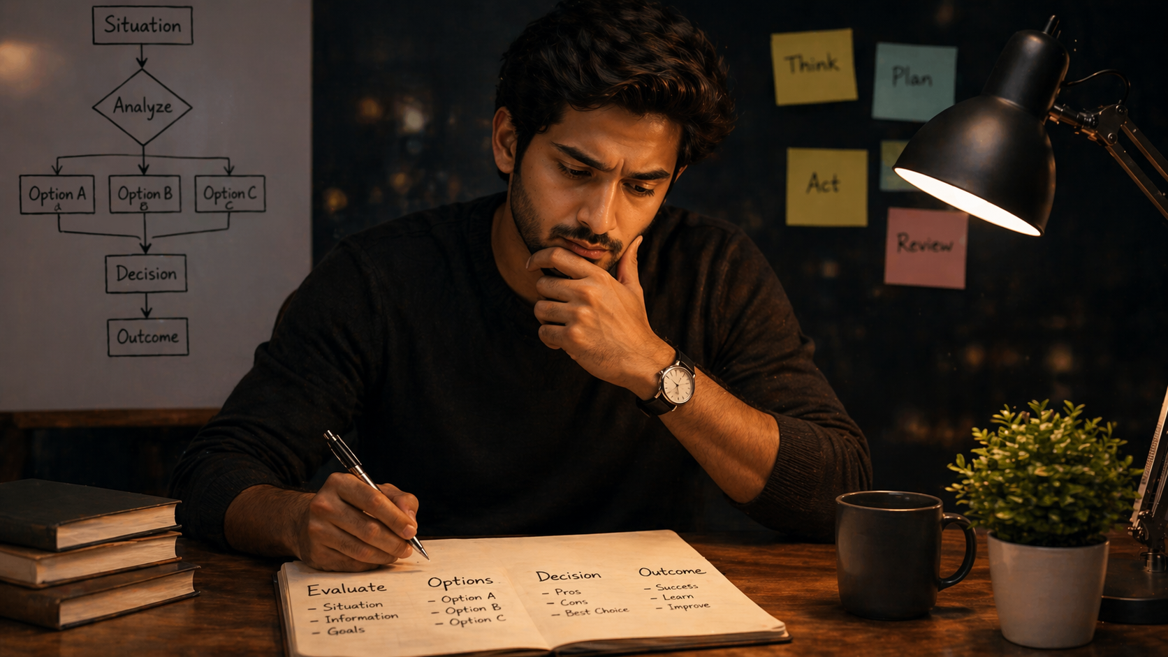 Young man analyzing decision-making process with flowchart showing situation, analyze, options, decision and outcome