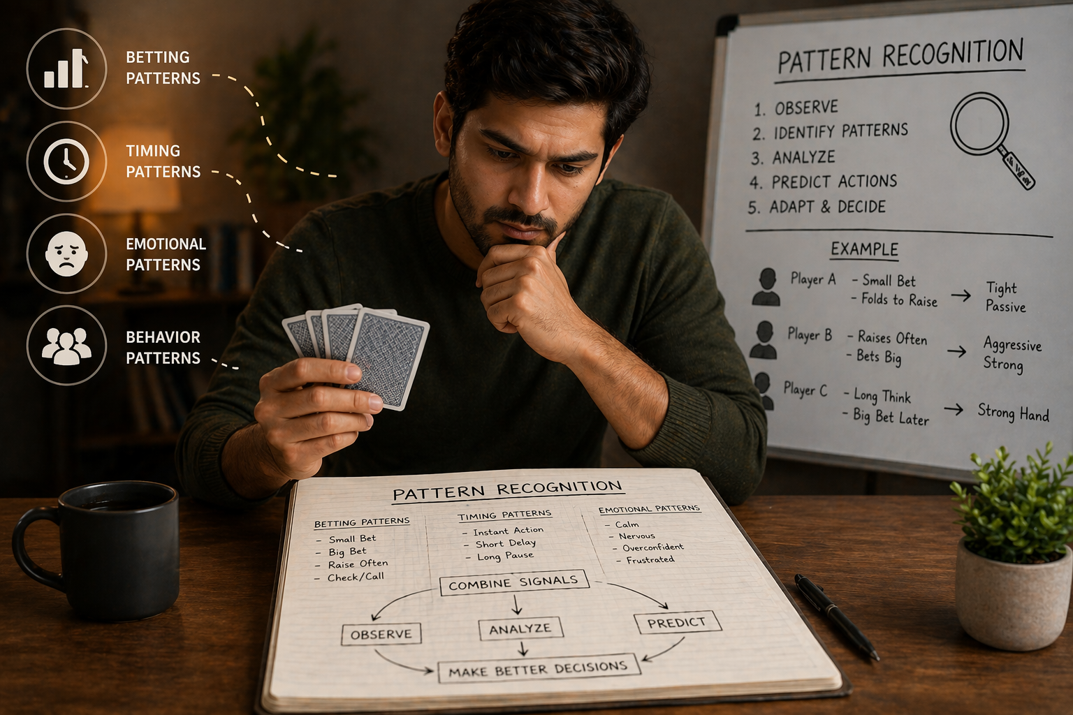 Focused person analyzing behavior patterns mentally, calm environment, no gambling elements