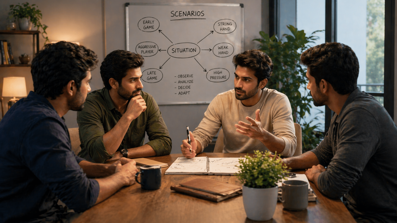 Players discussing and thinking in a calm environment, analyzing situations, no gambling elements