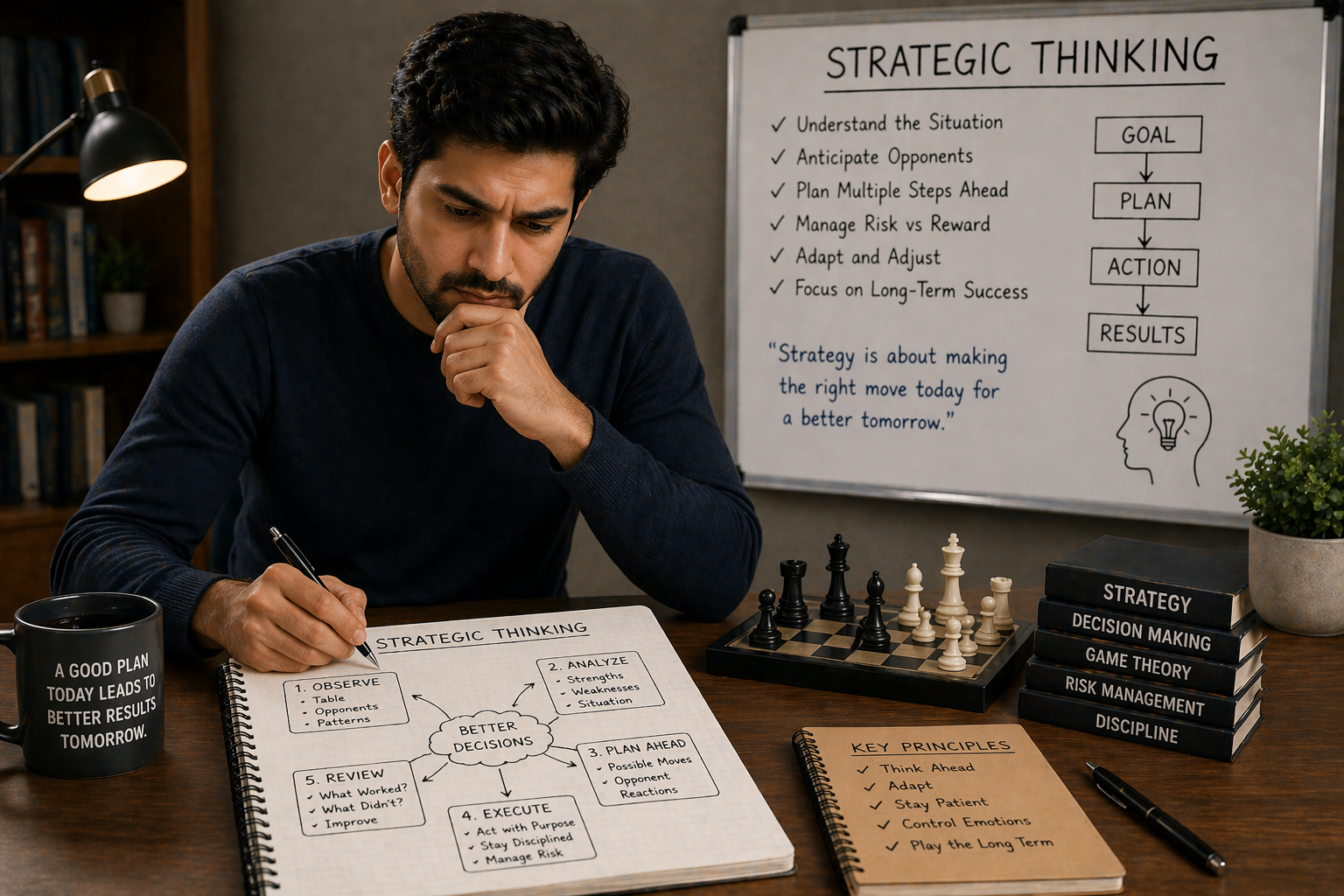 Focused person planning ahead in a calm study environment, no gambling elements
